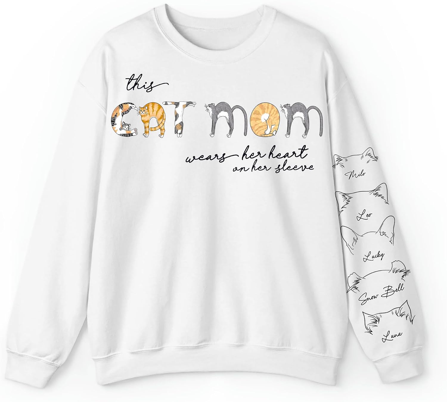 Gossby Personalized Custom Sweatshirt - This Catmom wears her heart on her sleeve Custom Dog Ears Sweatshirt, Line Art