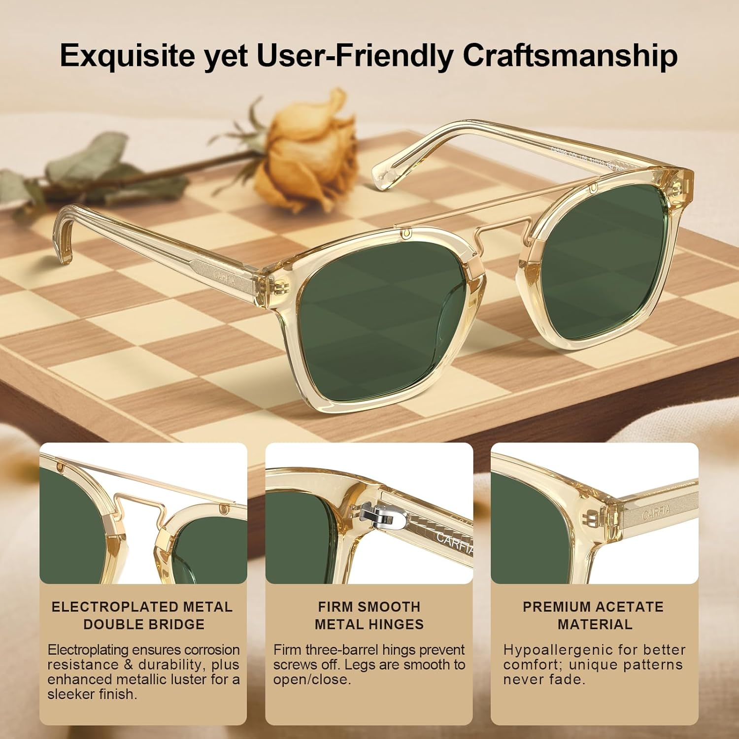 CARFIA Retro Polarized Sunglasses Womens UV400 Protection, Unique Double Metal Bridge, Premium Square Acetate Shades