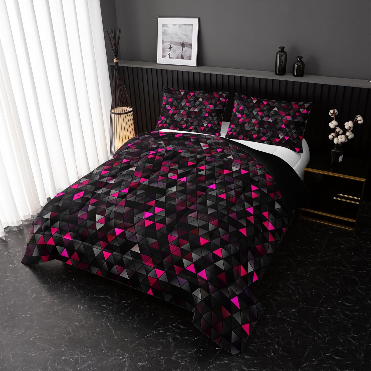Nttopship Geometric Pink Black Comforter Set,Triangle Honeycomb 3 PCS Bedding Set Twin Size for Teen Adult,Modern Quilt Set Geometry Decor,Microfiber Lightweight 1 Comforter 2 Pillowcases