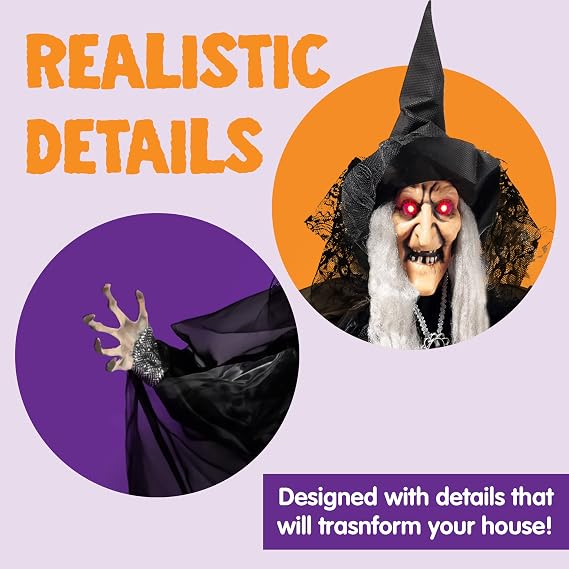 JOYIN 47 Animated Witch Halloween Decorations Outdoor Indoor, Scary Halloween Animatronics Decor, Hanging Ghost Talking Sound Activated Led Lights Eyes Haunted House Yard Garden Lawn
