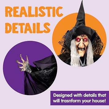 JOYIN 47 Animated Witch Halloween Decorations Outdoor Indoor, Scary Halloween Animatronics Decor, Hanging Ghost Talking Sound Activated Led Lights Eyes Haunted House Yard Garden Lawn
