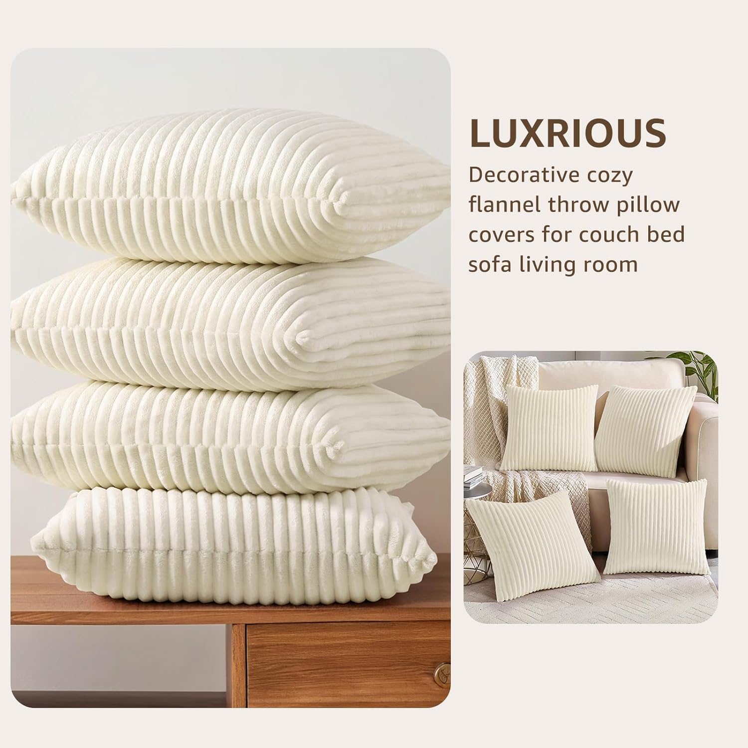 decorUhome Set of 4 Flannel Neutral Cream White Throw Pillow Covers 18x18 Inch, Spring Decorative Soft Double-Sided Fluffy Couch Pillow Covers, Farmhouse Pillow Cases for Sofa Living Room