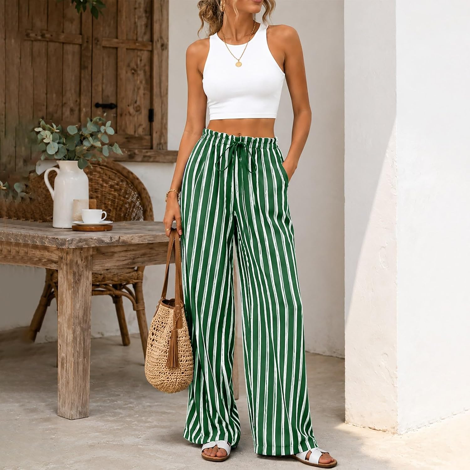 High Waist Baggy Striped Y2K Palazzo Slacks, Pocketed Wide Leg Trousers for Womens Dressy Casual Lounge Wear