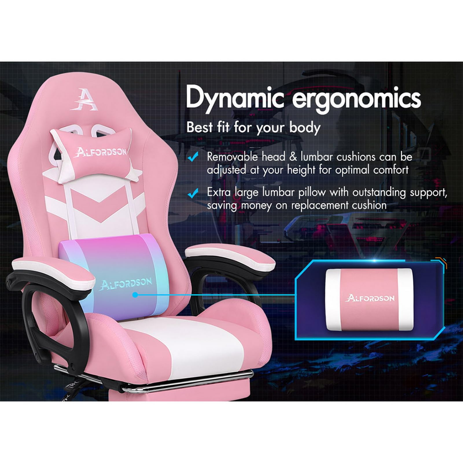 ALFORDSON Sedia da Gaming da Corsa, Sedia da Gaming per Massaggi con Illuminazione RGB a 12 LED Colorati, Poltrona Ergonomica con Supporto Lombare, Sedia a Sdraio con Poggiapiedi, Pelle PU, Rosa