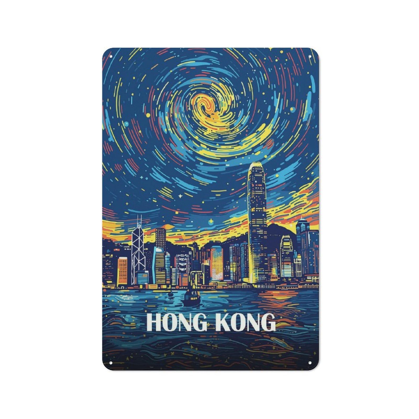 Hong Kong Cityscape Night Art Warehouse Style Metal Wall Decor 30x20cm, Metal Wall Sign for Workspace, Cafe, Hallway Or Garage