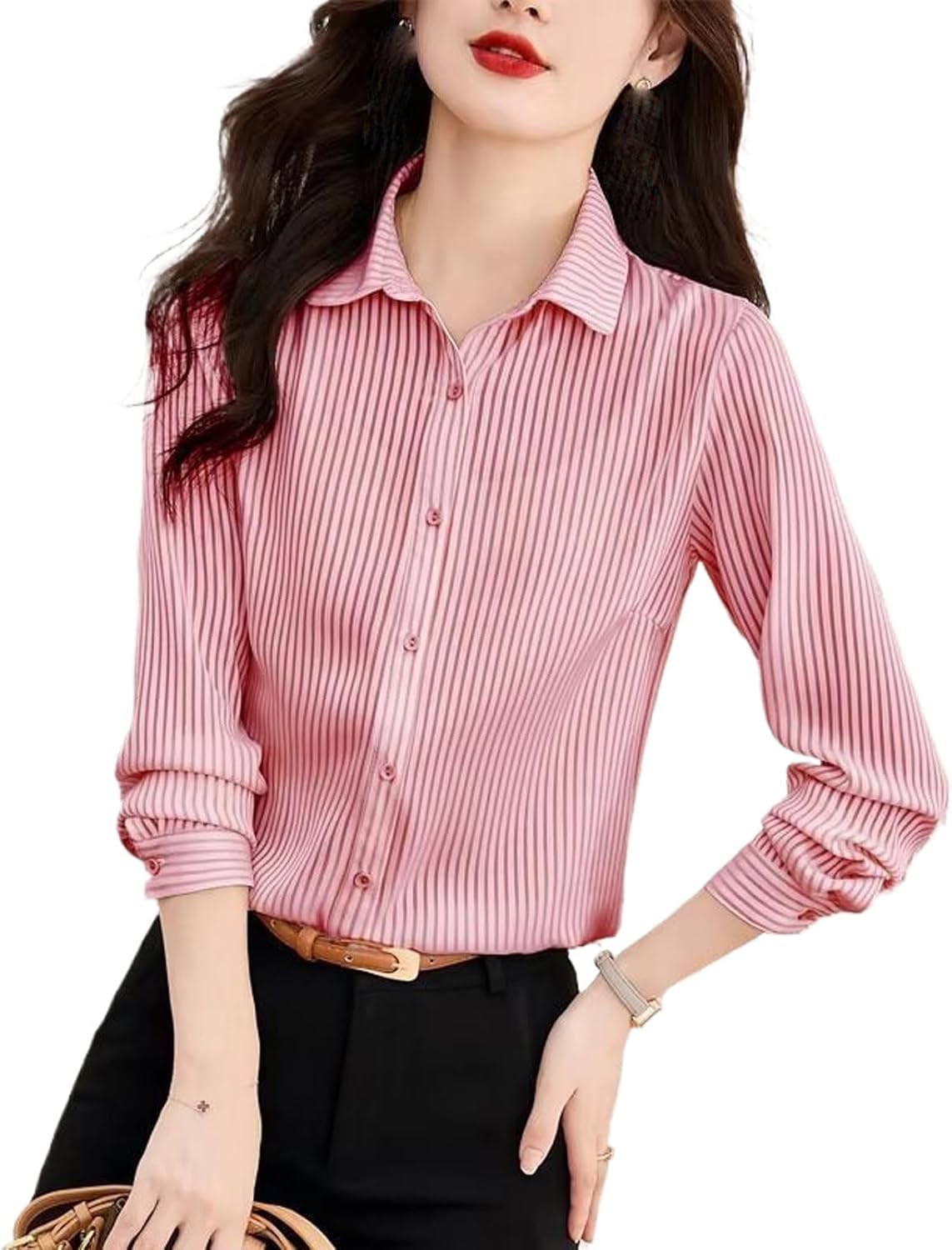 Women's Elegant Office Striped Shirt Long Sleeve Soft Thin Top Blouse Vintage Korean Casual Clothing