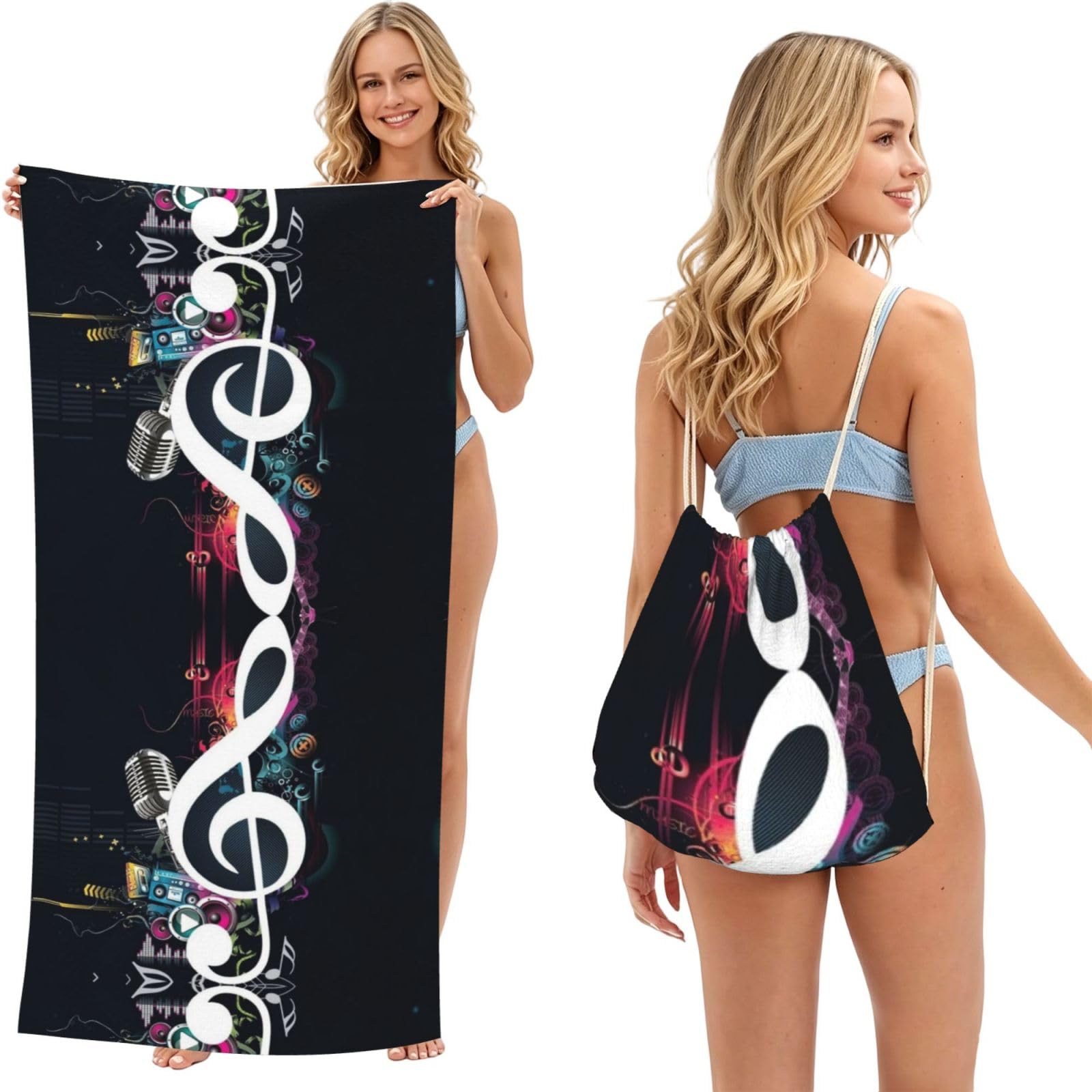 Poadnly As Picture Music Notes, 2 In 1 Packable Towel Bag, Beach Towels With Drawstring Backpack For Travel Holiday Camping