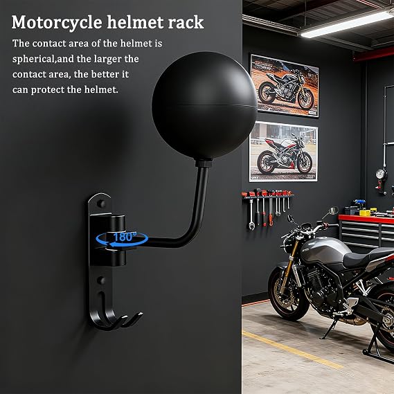 180° Motorcycle Helmet Rack Wall Mounted Rotatable Helmet Stand with 2 Hooks for Hard hat Handbag Coats Caps