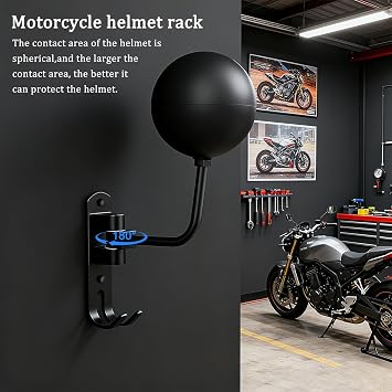 180° Motorcycle Helmet Rack Wall Mounted Rotatable Helmet Stand with 2 Hooks for Hard hat Handbag Coats Caps