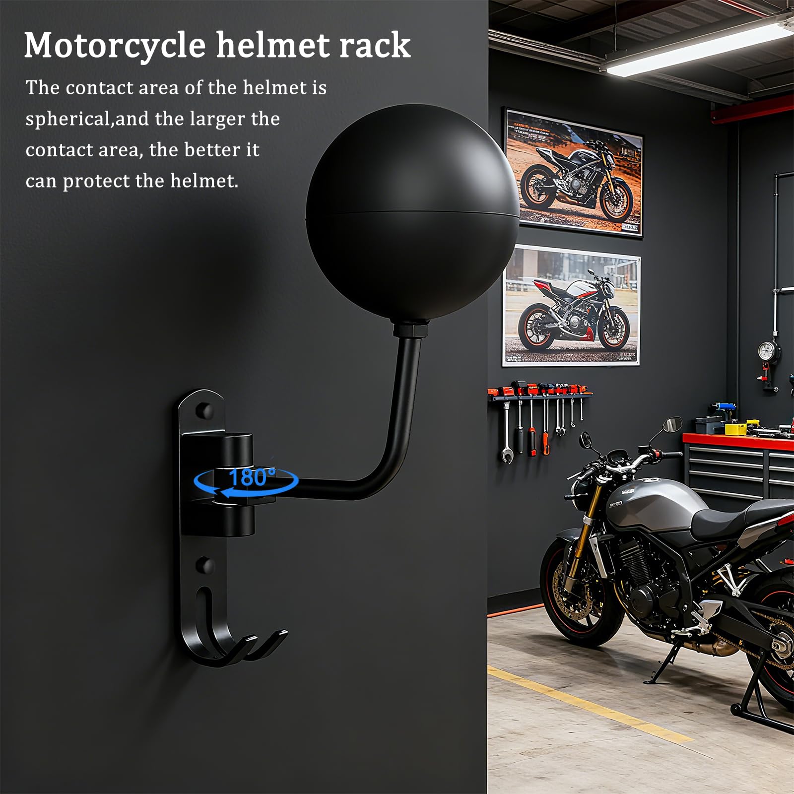 Stojak na kask motocyklowy 180°, montowany na ścianie, obrotowy stojak na kask z 2 haczykami, do torebki, płaszczy, czapek