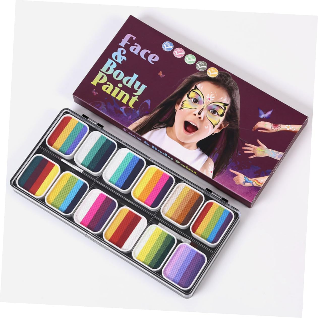 Face Body Paint Kit Gradual Rainbow Strips Non-shiny Pearl Body Painting Palette Easy to Clean Water Activated Paint