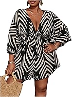 SOLYHUX Women's Plus Size Striped V-Neck Tie Front Romper, 3/4 Sleeve Loose Short Jumpsuit