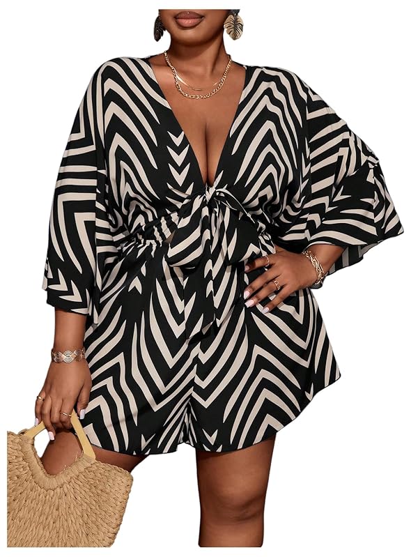 SOLY HUX Women's Plus Size Striped Tie Front Short Jumpsuit by SOLY HUX - Used condition - US$39.89