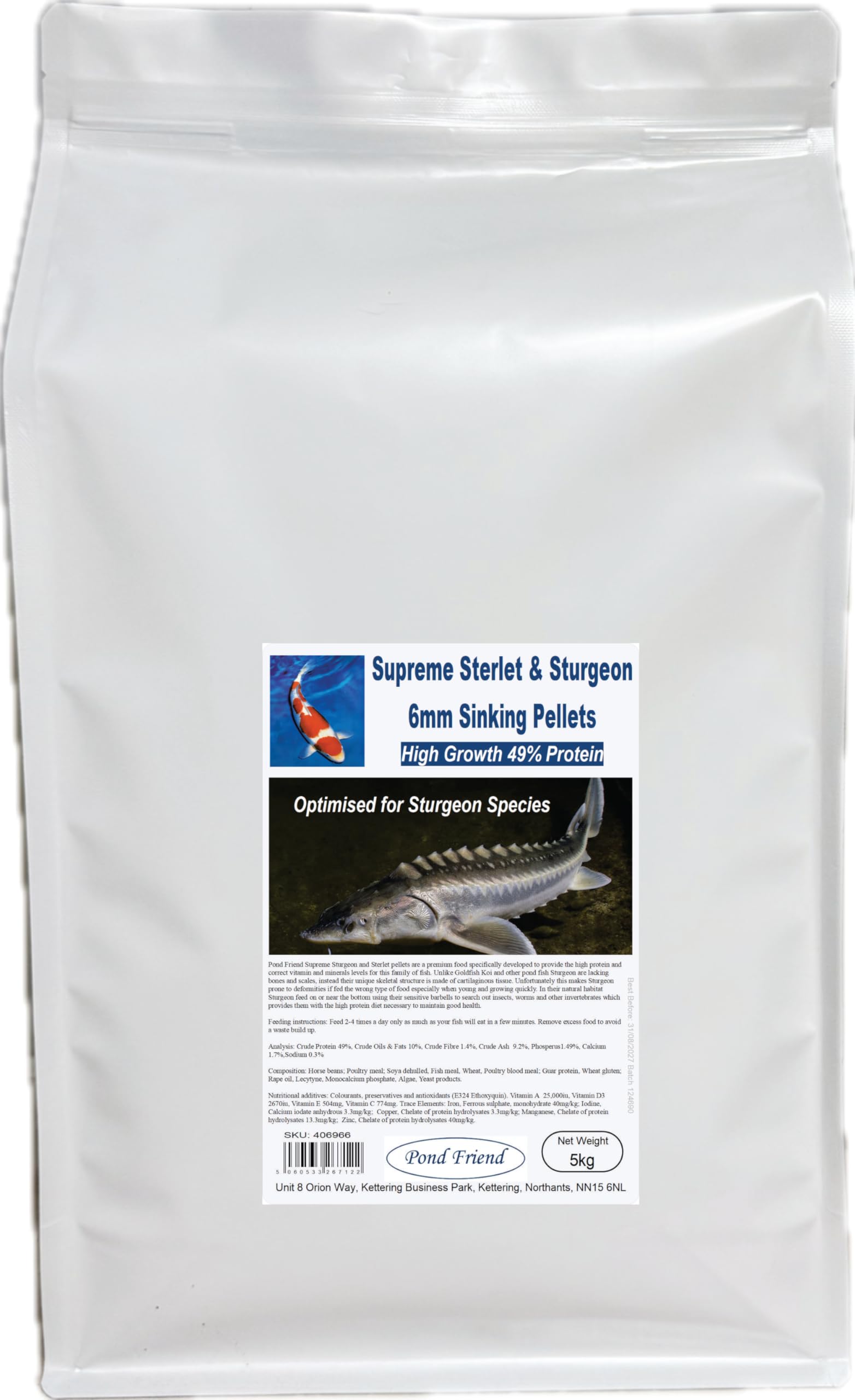 Pond Friend Supreme Sturgeon Pellets 6mm 5kg - 49% High Protein Sinking Growth Food For Bottom Feeding Pond Fish