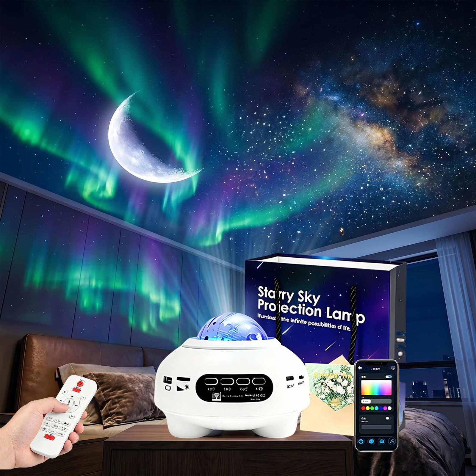 Galaxy Projector,Rechargeable Star Projector, 3-in-1 Crescent Moon Aurora Star Galaxy Night Light With Smart App Remote Control, 48 Colours Sound Activated Music Sync For Bedroom Party Gift Set(White)
