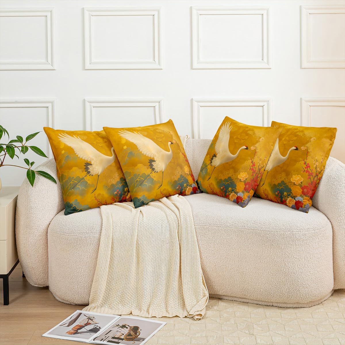 Erosebridal Set of 2 Crane Floral Decorative Pillowcases 24x24 Inch Bird Throw Pillow Covers for Girls Women Peony Japanese Ukiyo-E Yellow Red Retro Cushion Cases Soft Cushion Covers