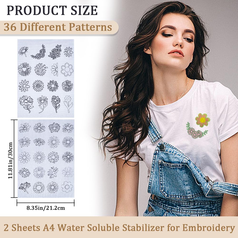 CRASPIRE Daisy Flowers Water Soluble Embroidery Stabilizers Hand Sewing Stick and Stitch Transfers Paper Wash Away Pre-Printed Self Adhesive Patterns for Bags Cloth Sewing Lovers Beginner Needlework