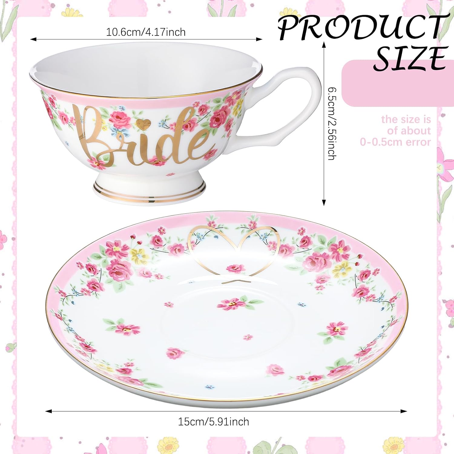Rtteri Wedding Bride Teacup and Saucer Set,Pink,Floral