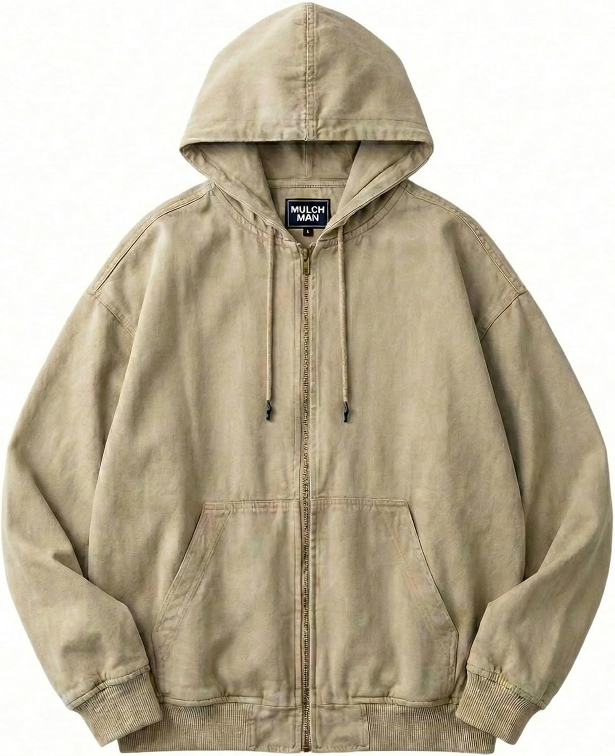 Mulch Man Oversized Hoodie Men's Heavyweight Cotton Zip Up Y2K 90s Streetwear Vintage Hooded Jacket Casual Stone Beige