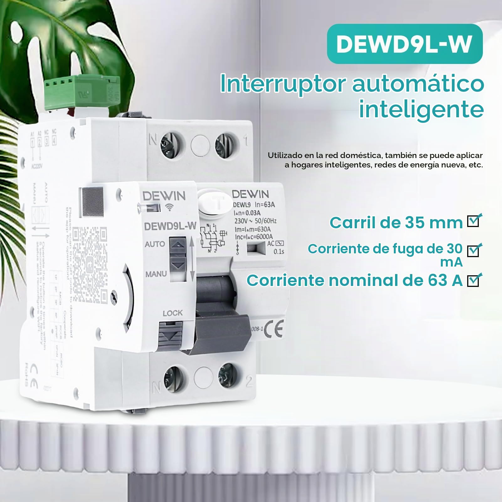 DEWIN WiFi Interruptor Diferencial 63A 30mA, MCB/RCCB Magnetotermico 63A Inteligente WiFi Disyuntor Diferencial, Controla manualmente el reinicio y la desconexión mediante la aplicación