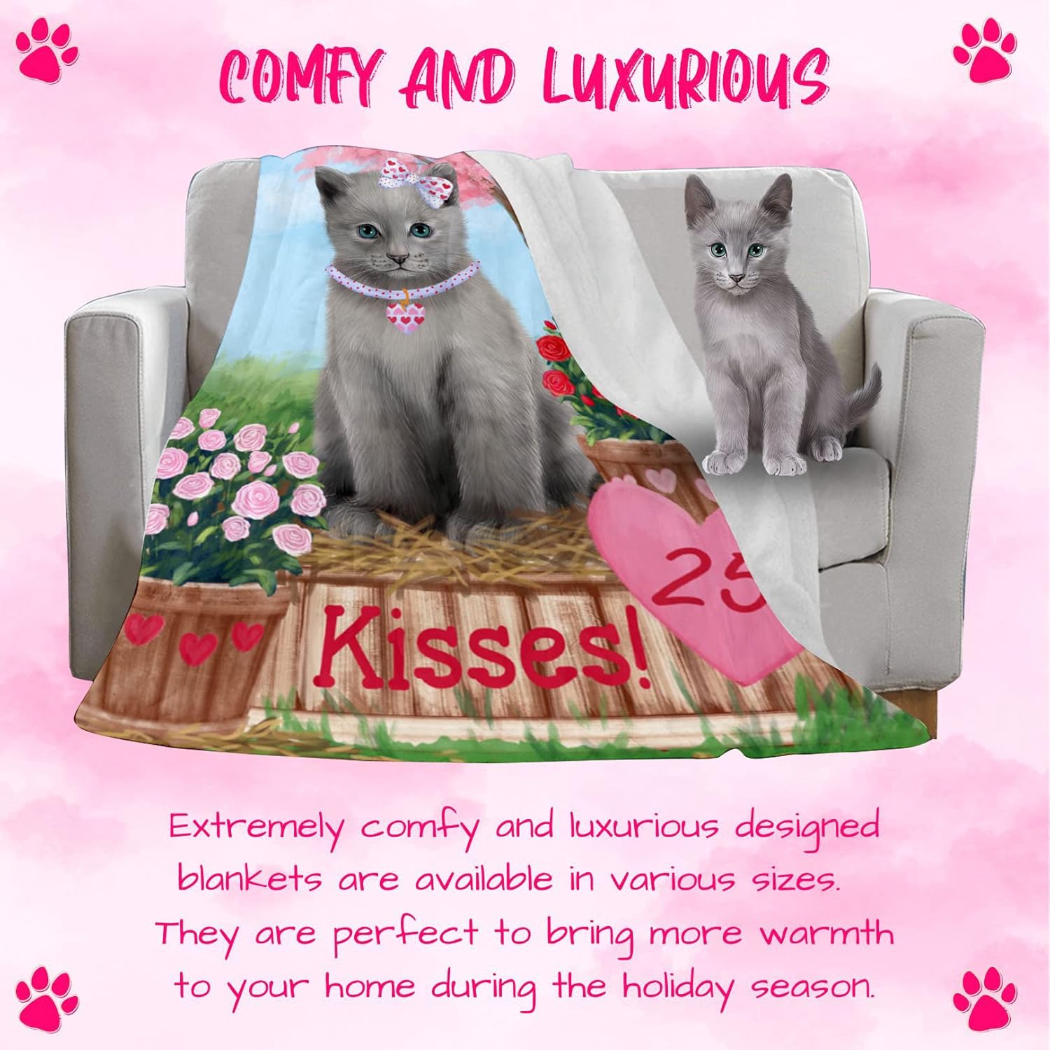 Rosie 25 Cent Kisses Russian Blue Cat Blanket - Lightweight Soft Cozy and Durable Bed Blanket - Animal Theme Fuzzy Blanket for Sofa Couch BLNKT61616 (50x60 Sherpa)