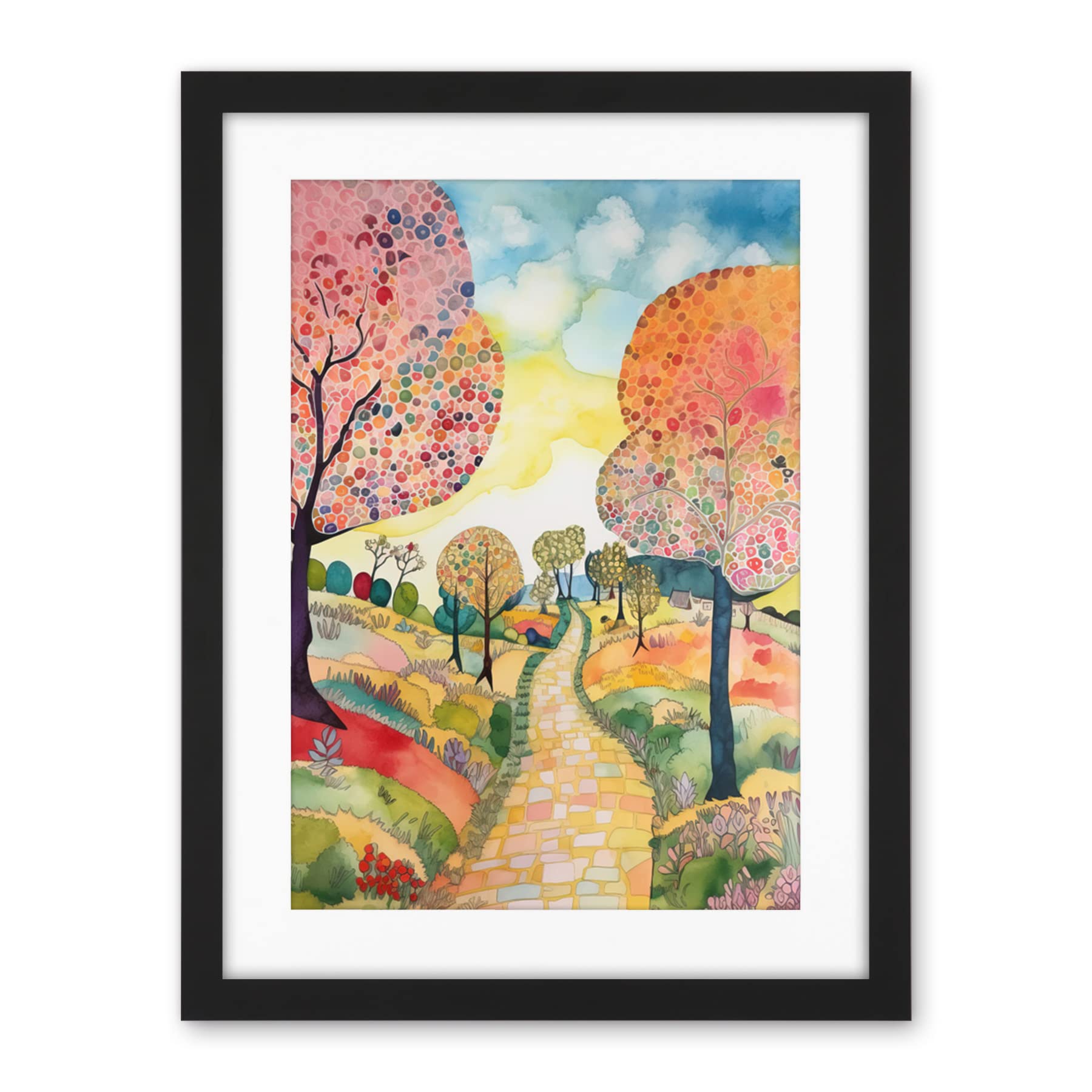 Artery8 Countryside Path With Blooming Flowers And Trees Folk Art Landscape Watercolour Painting Artwork Framed Wall Art Print 18X24 Inch