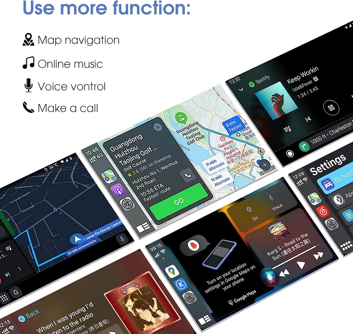 Multiple car screen displays showing various functions like map navigation, online music, voice control, and making calls.