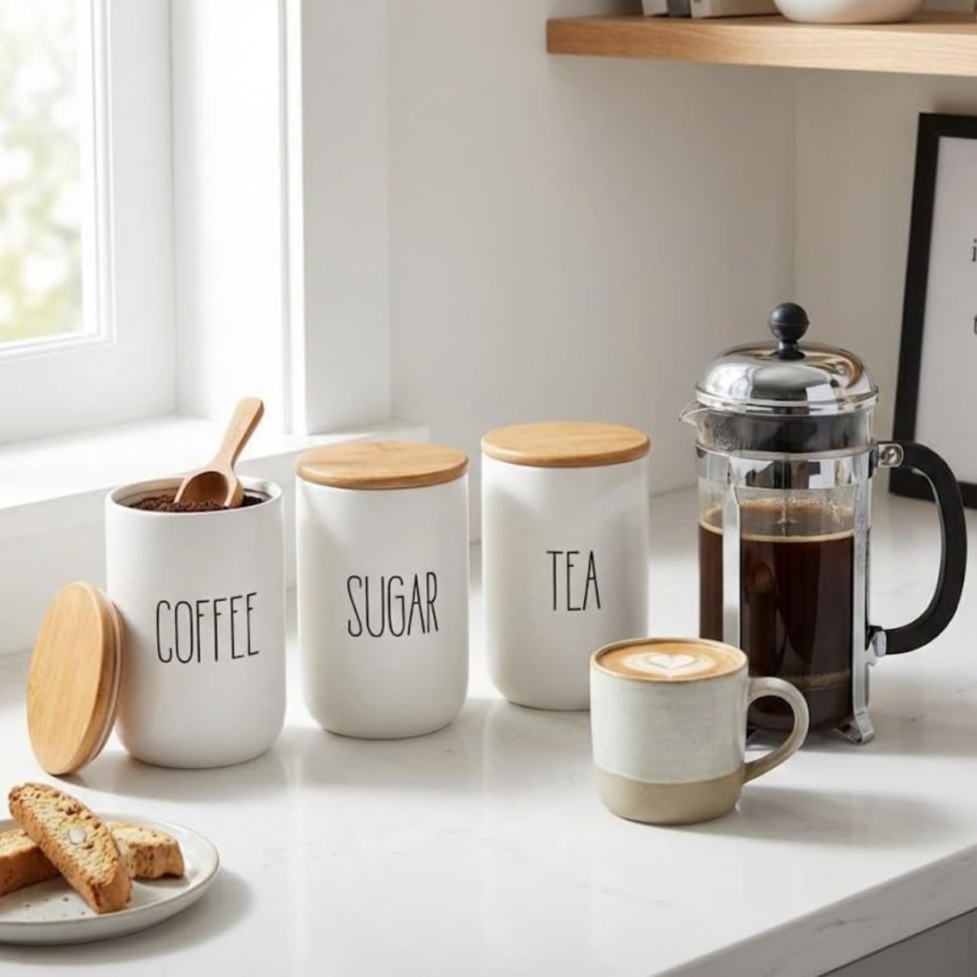 AmberHaus 3'lü Bambu Kapaklı Seramik Kavanoz Seti - Vakumlu Çay Şeker Kahve Saklama Kabı - Coffee Su