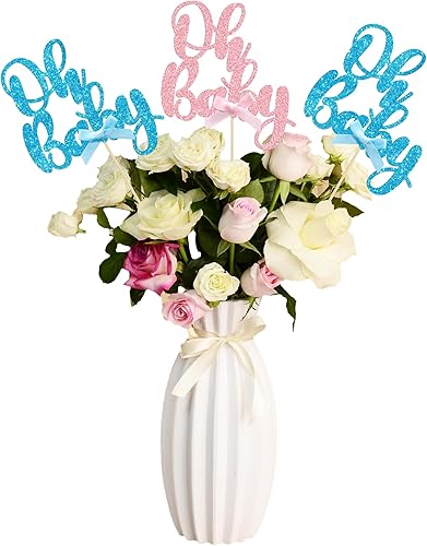 Gyufise 12 piezas de palos centrales Oh Baby de doble cara con arco azul y rosa de purpurina, adornos para cupcakes de baby shower, revelación de