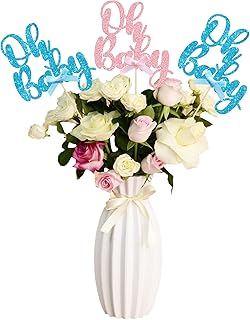 Gyufise 12Pcs Oh Baby Centerpiece Sticks Double Sided Blue Pink Bow Glitter Baby Shower Cupcake Picks Gender Reveal Table Flower Centerpieces for Baby Shower Birthday Party Supplies Blue Pink