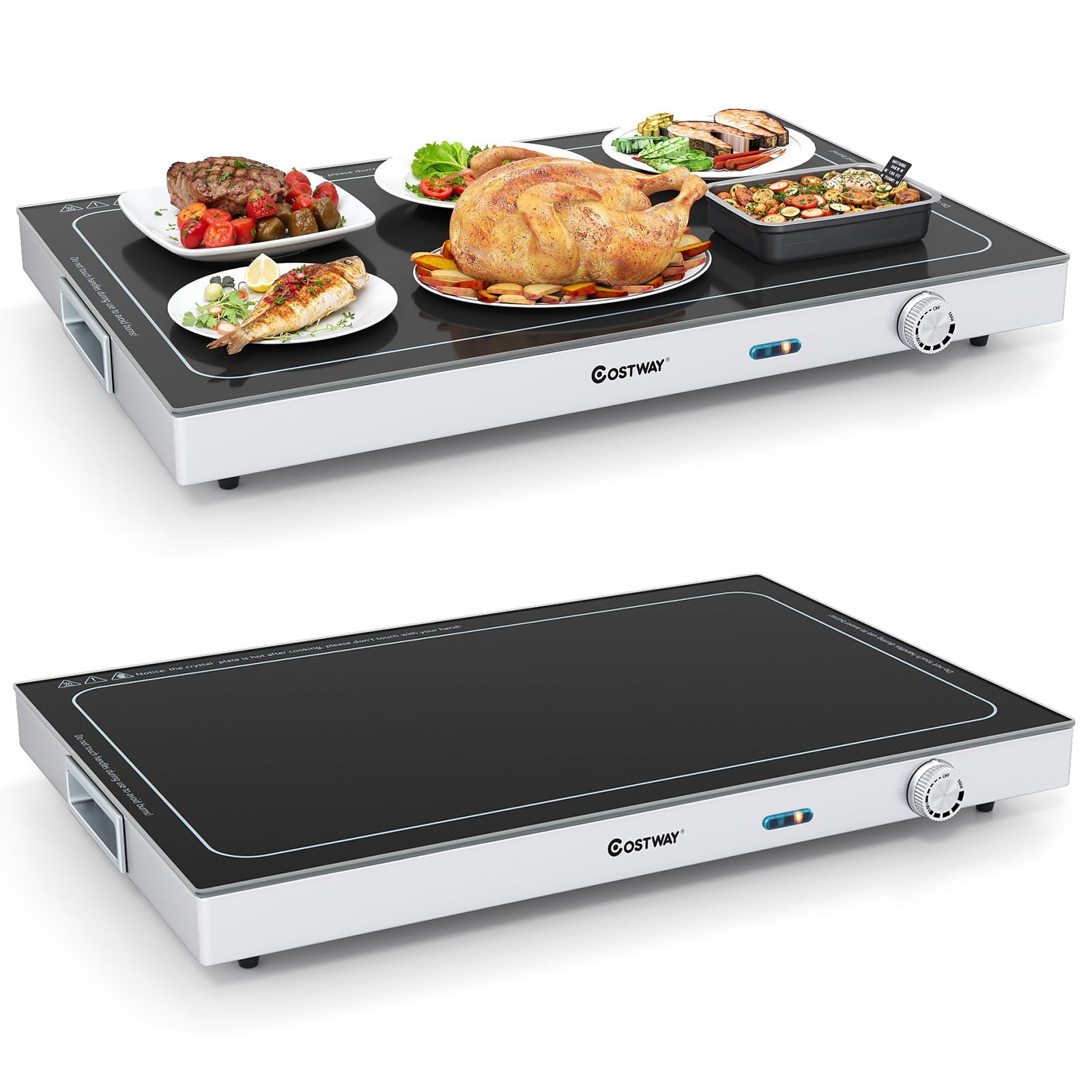 COSTWAY Chauffe Plat Electrique, Plaque Chauffante avec Plateau en Verre Trempé, Température Réglable, Poignées Isolantes, Réchauffe Plat, pour Buffets, Fêtes, Réunions de Famille(56 x 37 cm)