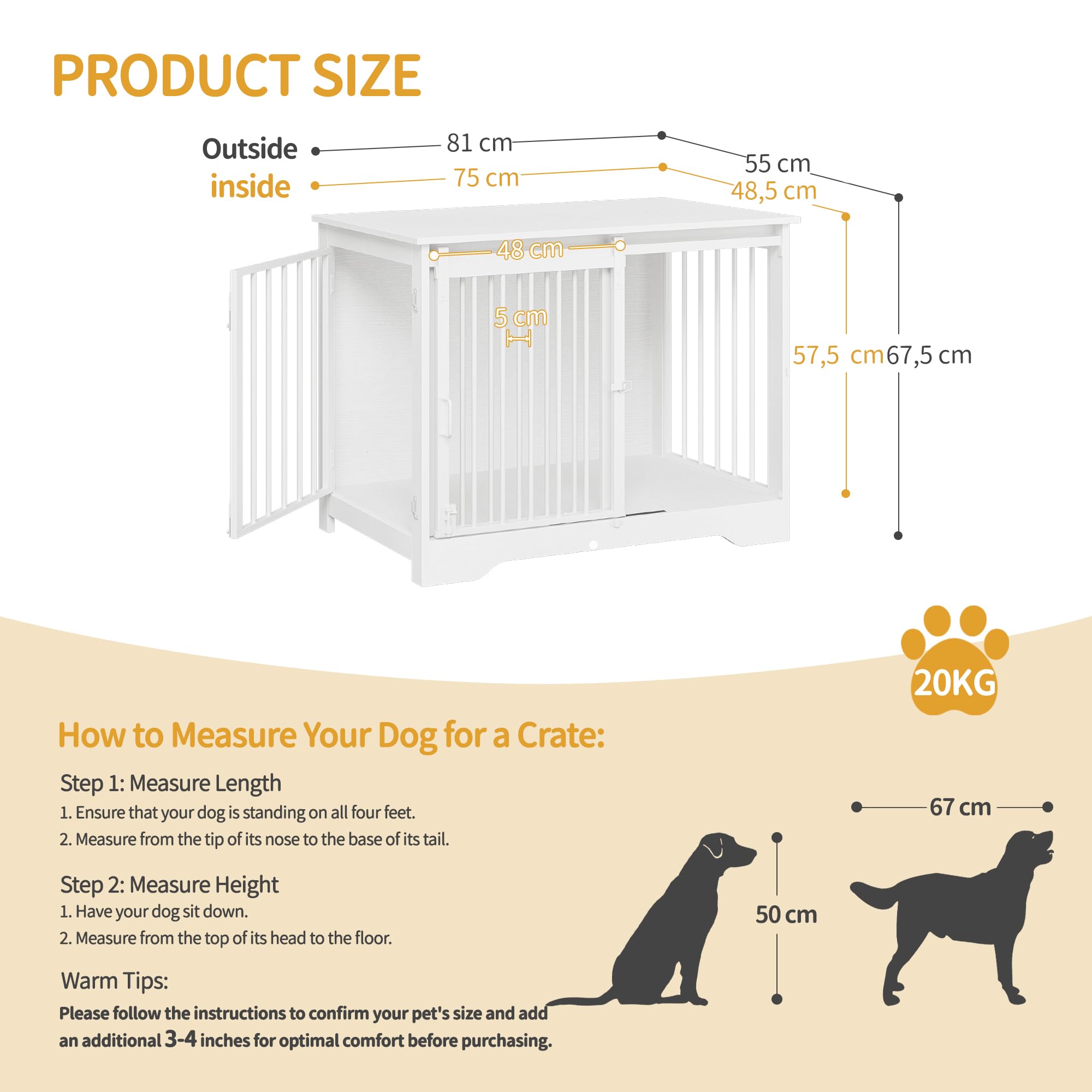 Hzuaneri 81cm Jaula para Perros, Mesa Auxiliar, casa Moderna para Perros, Jaula para Cachorros, dúplex para Animales, 2 Puertas, 55 x 81 x 67,5 cm, Blanco DFC83613W
