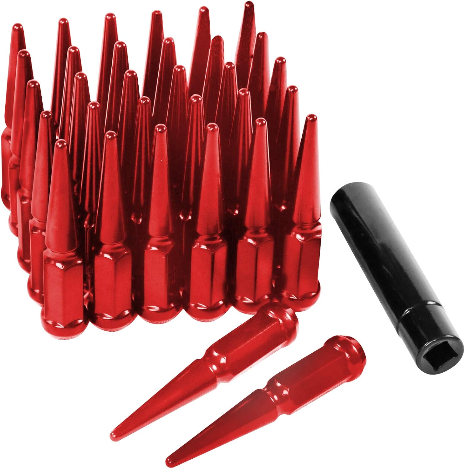 Red Spike Lug Nuts 32 m14x1.5 Steel Closed End Nuts with 1 Socket Key Red Spike Lug Nuts 32 m14x1.5 Steel Closed End Nuts with 1 Socket Key