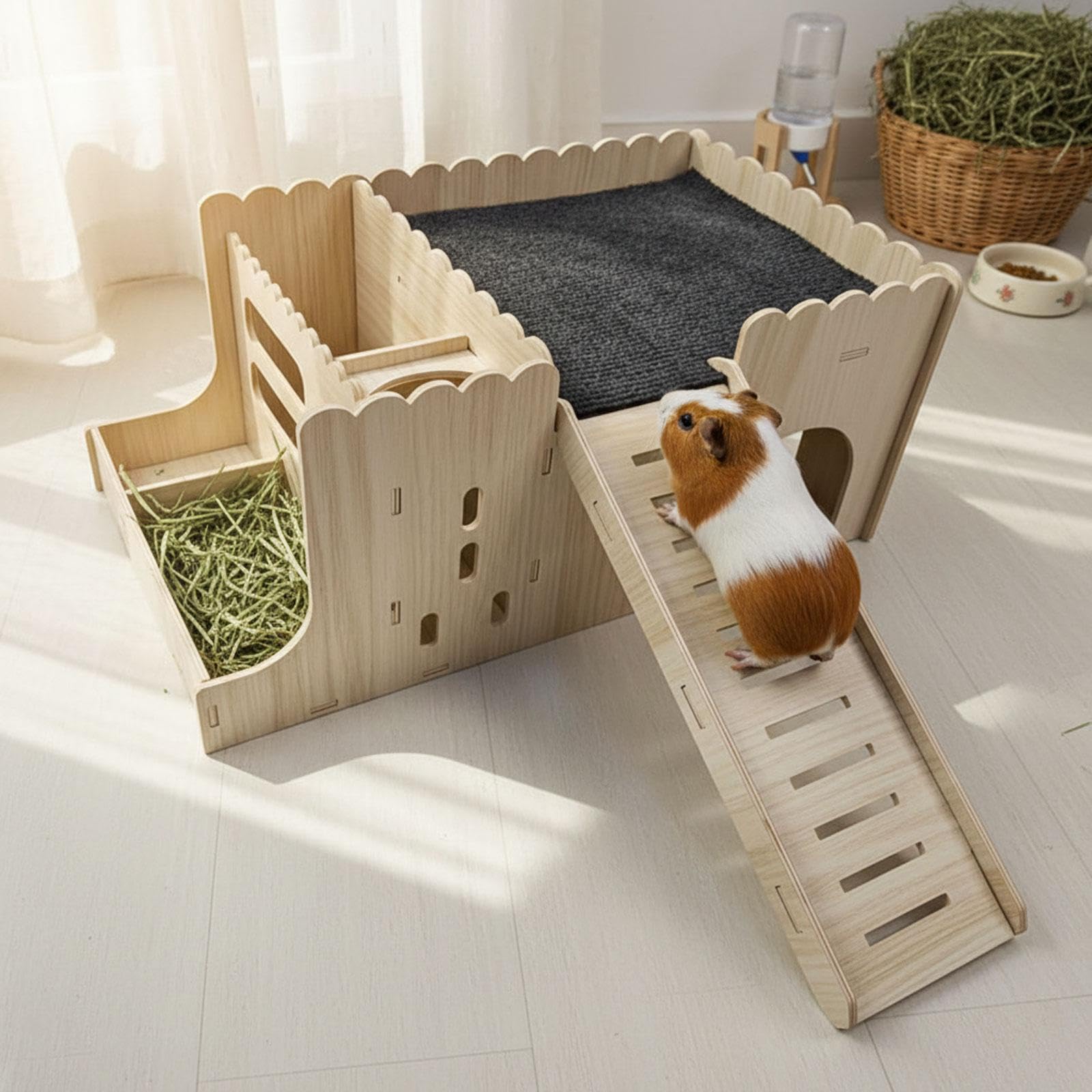 Casa para Hámster Refugio de Madera Hogar de Roedores Multifuncional para Dormir y Comer con Diseño de Arco y Comedero Superficie Suave Fácil