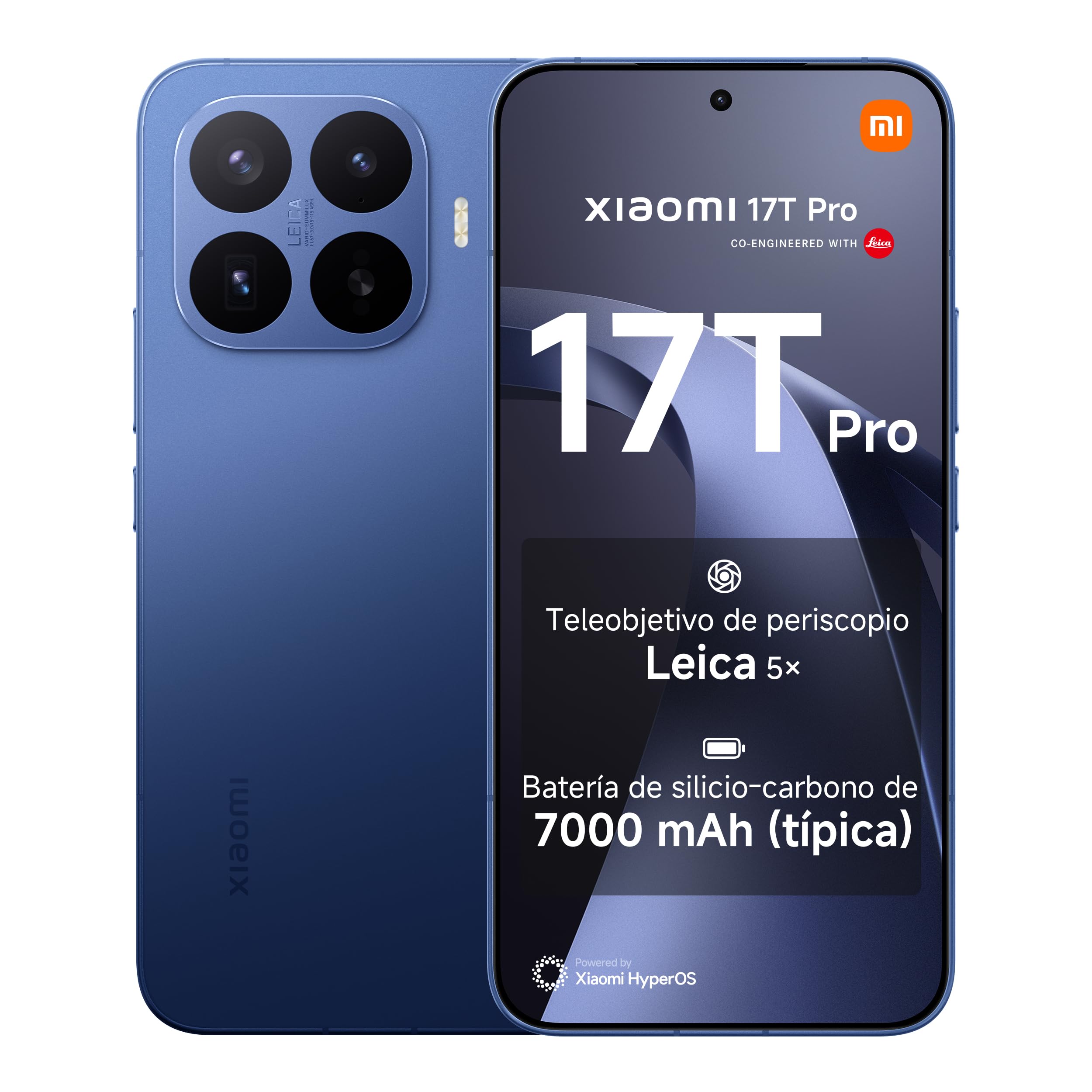 XIAOMI 17T Pro, Smartphone 12+1024GB, 6,83" 144 Hz pantalla con cuidado de la vista, 7000 mAh (típ.) batería de silicio-carbono, Leica 5x Teleobjetivo, 100W HyperCharge, Azul, Garantía extendida 1 año