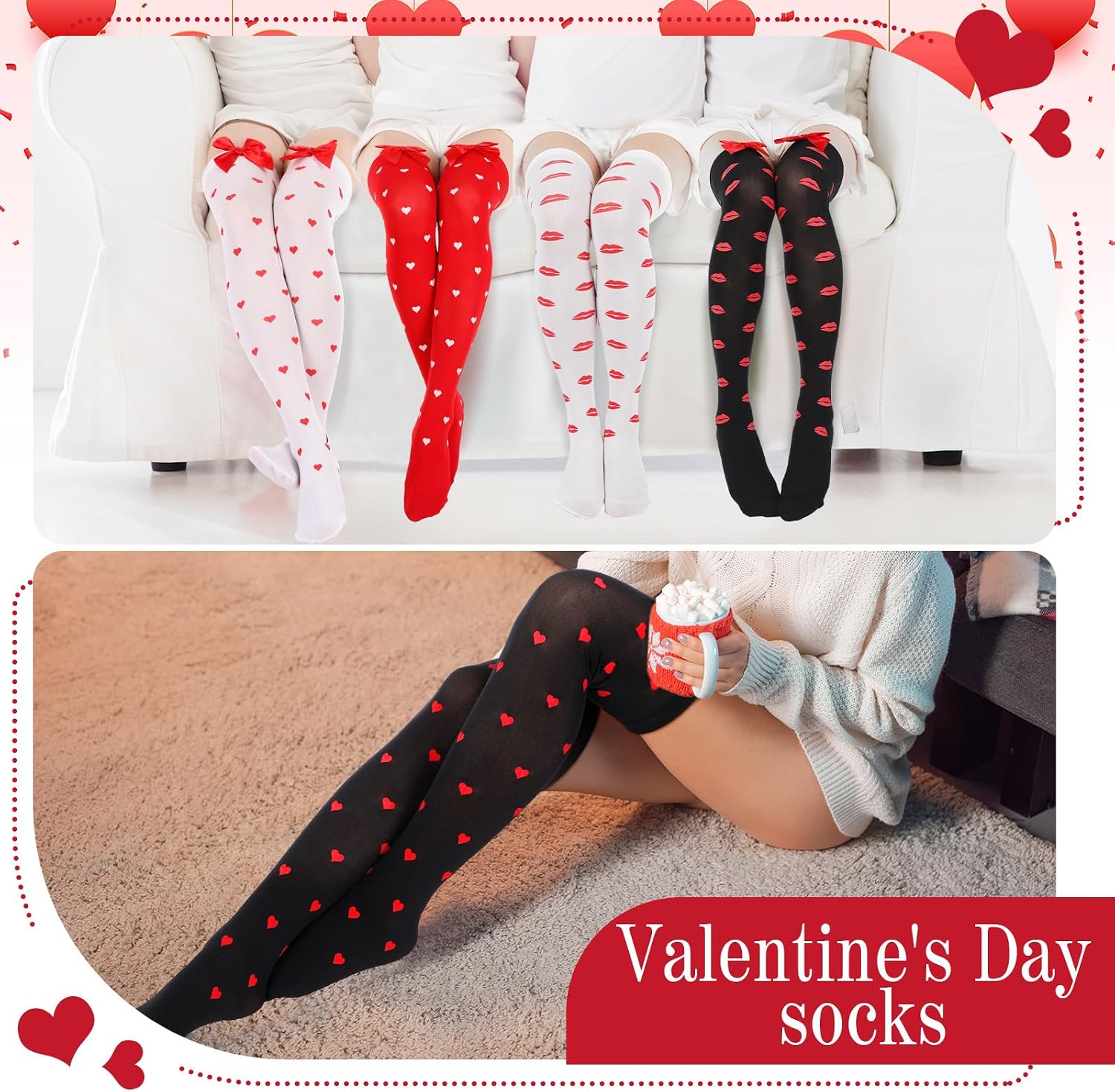 8 Pairs Valentines Day Heart Stockings with Gift Box Novelty Knee High Socks Heart Love Knee Thigh High Socks for Valentine's Day Women, White, Black, Red, Medium-XX-Large