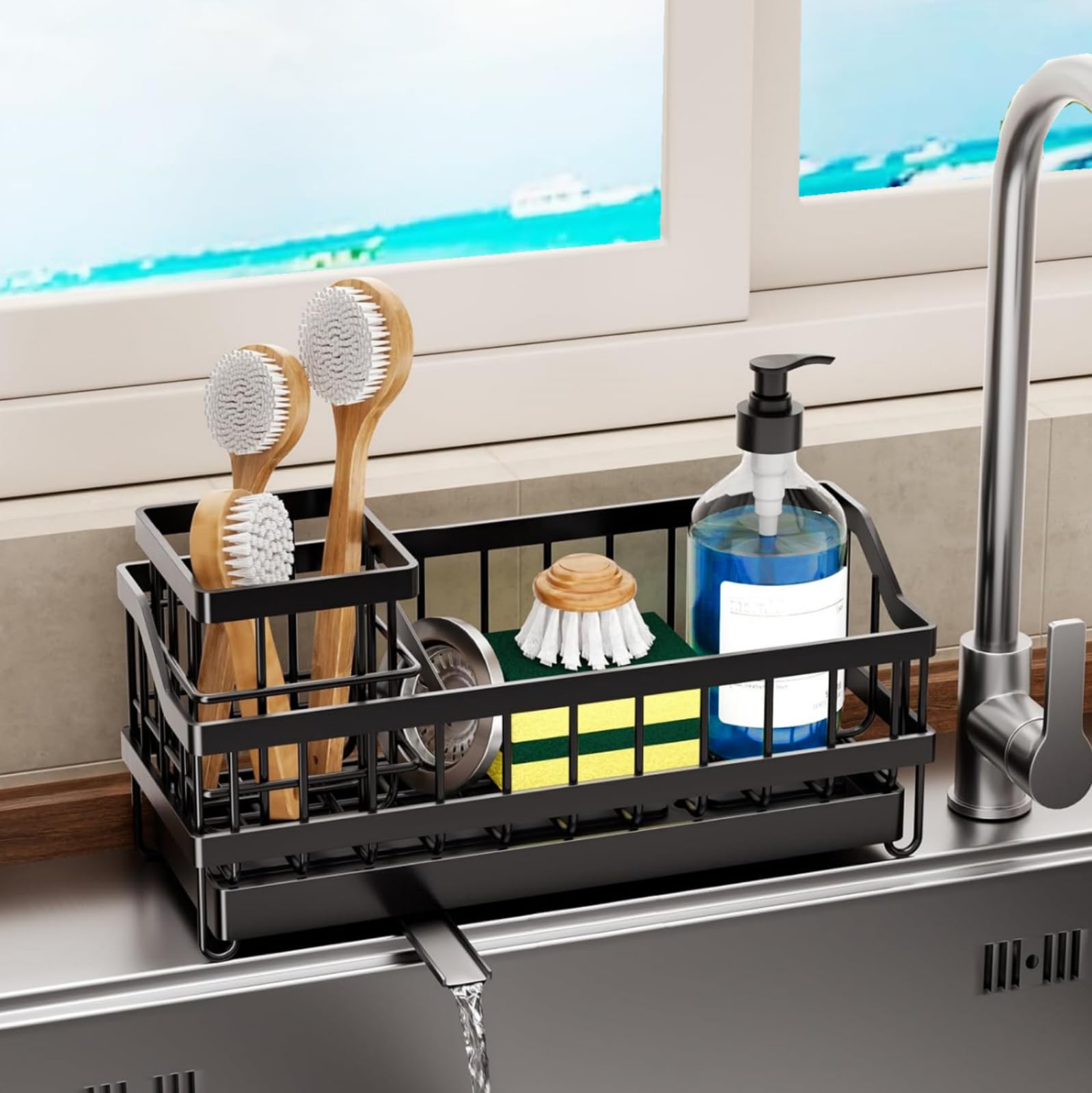Organisateur d'évier pour la Cuisine, Porte Eponge evier Cuisine avec Vidange Automatique Organisateur d'évier, Organisation de l'évier avec Support pour Brosse