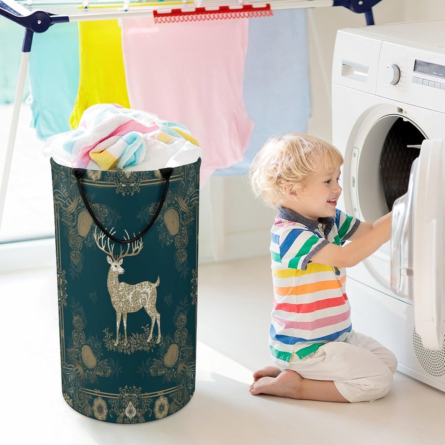 Laundry Basket Snowflake Christmas Reindeer Printed Storage Basket Dirty Clothes Basket Laundry Basket with Handles for Home And Laundry Dorm