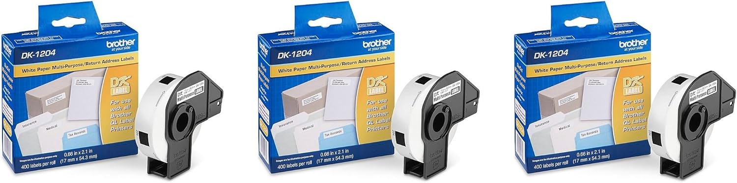 Brother Genuine DK-1204 Multipurpose Paper Label Roll, 400 Labels per Roll, 3 Rolls – for Use with All QL Label Printers