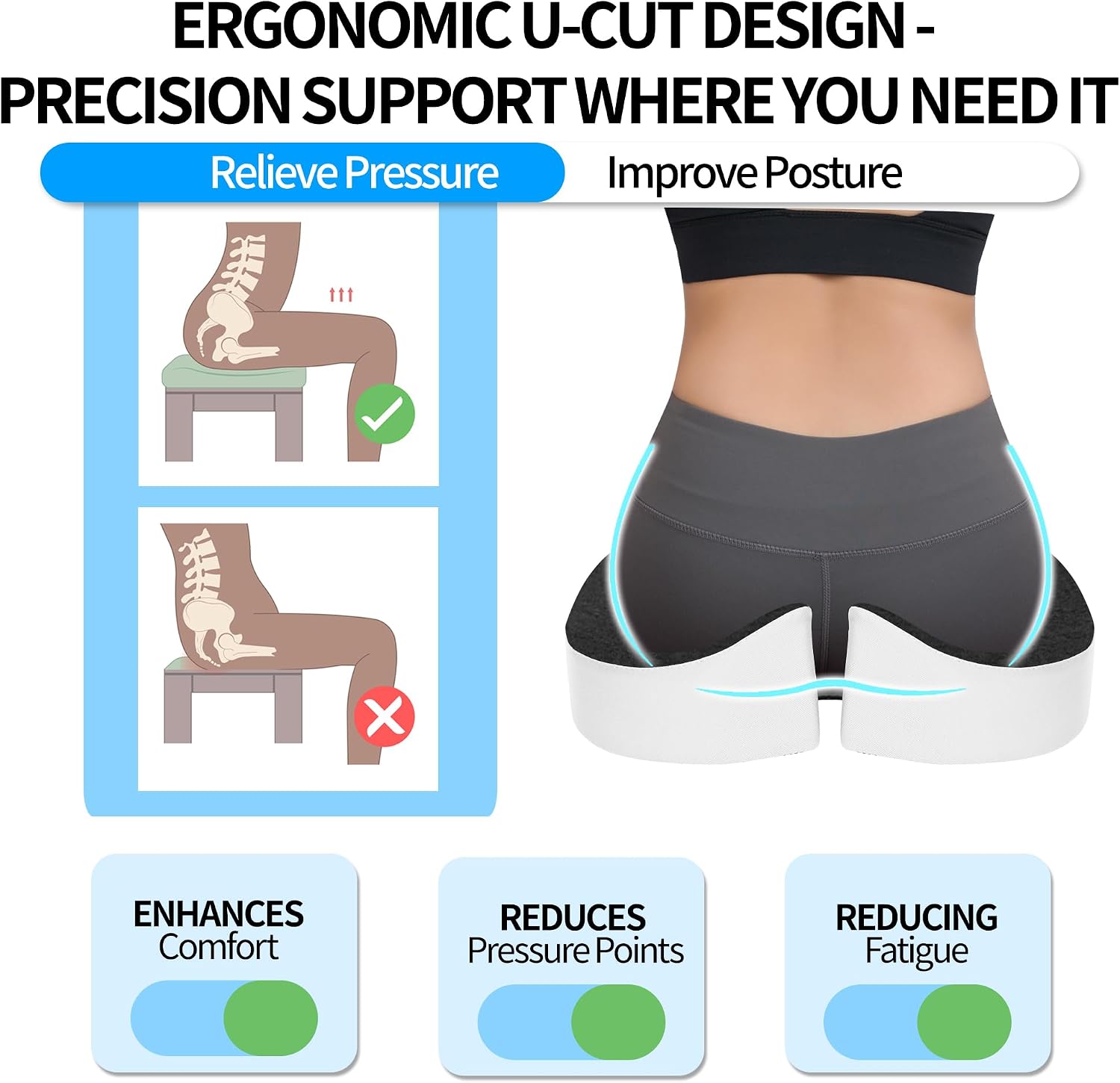 Office Chair Cushion with Coccyx Cutout & U-Shape Design, 2.8" Memory Foam for Back Pain Relief - Ergonomic Seat Pad, Removable Cover, Universal Fit