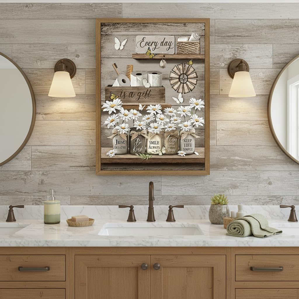 Clicyre Farmhouse Bathroom Wall Art, Rustic Daisy Mason Jar Canvas Print, Country Inspirational Quote Floral Wall Decor for Bathroom Laundry Room Powder Room Wood Framed 16x24 Inch