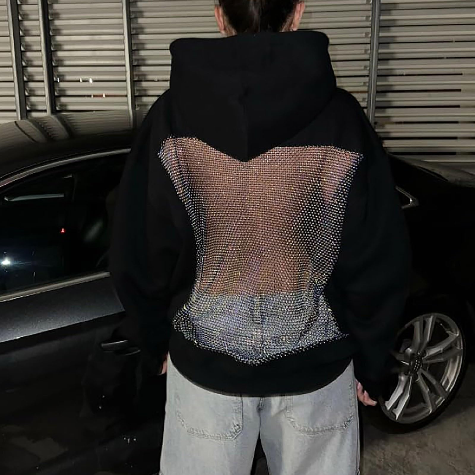Sweat à Capuche pour Femme - Mesh Creuse - Paillettes - Sexy - Transparent - Dos Nu - avec Poches - Couleur Unie - Manches Longues Automne Hiver Décontracté Hoodie