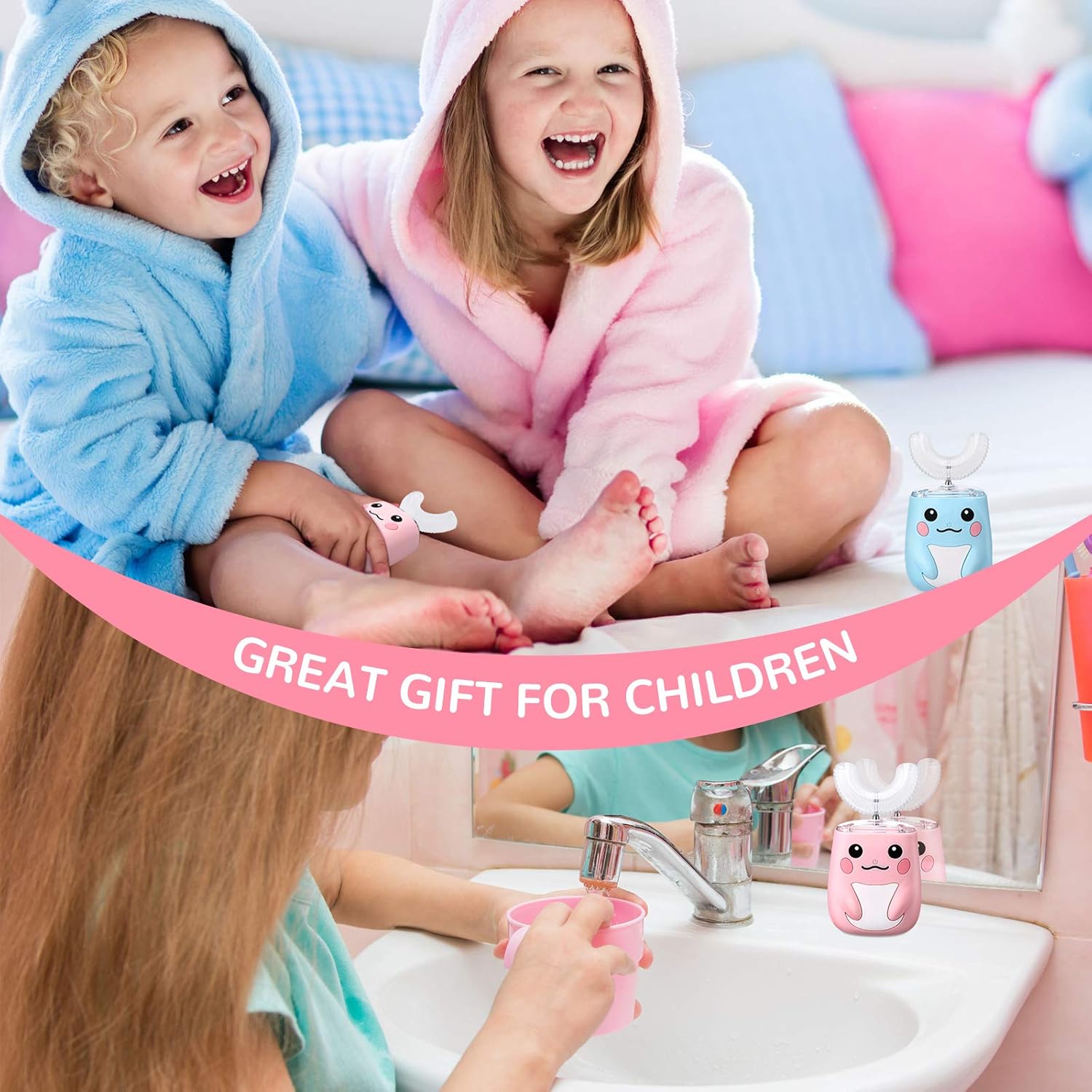 2 Pieces Kids U Shaped Electric Toothbrush, Ultrasonic Automatic Whitening Massage Toothbrush U-Type Cartoon Modeling Toothbrush with 4 Brush Heads for Sensitive Teeth Child 2-7 : Beauty & Personal Care