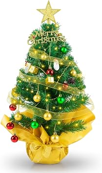 23-Inch Mini Tabletop Christmas Tree with Lights, Star Topper and Hanging Ornaments, Decorated Small Christmas Tree for Desk, Home or Office Holiday Decor