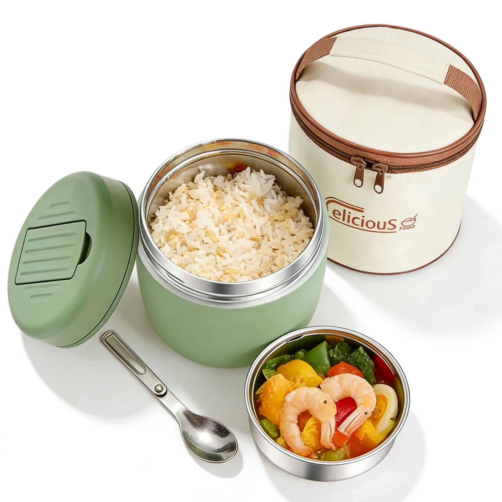 Contenitore termico per alimenti, 1200 ml: contenitore termico a doppia parete, in acciaio inox, a prova di perdite, con coperchio, termico, per ufficio, scuola, attività all'aperto (verde
