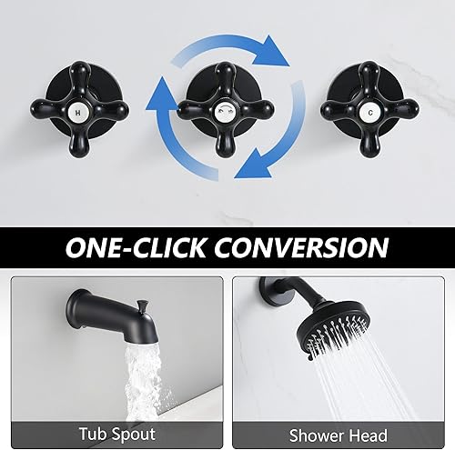 Miniatura 4 de BY3H003 - Juego de grifo de ducha de 3 manijas con boquilla de bañera, color negro mate para bañera y ducha, grifos de ducha completos, BY3H003