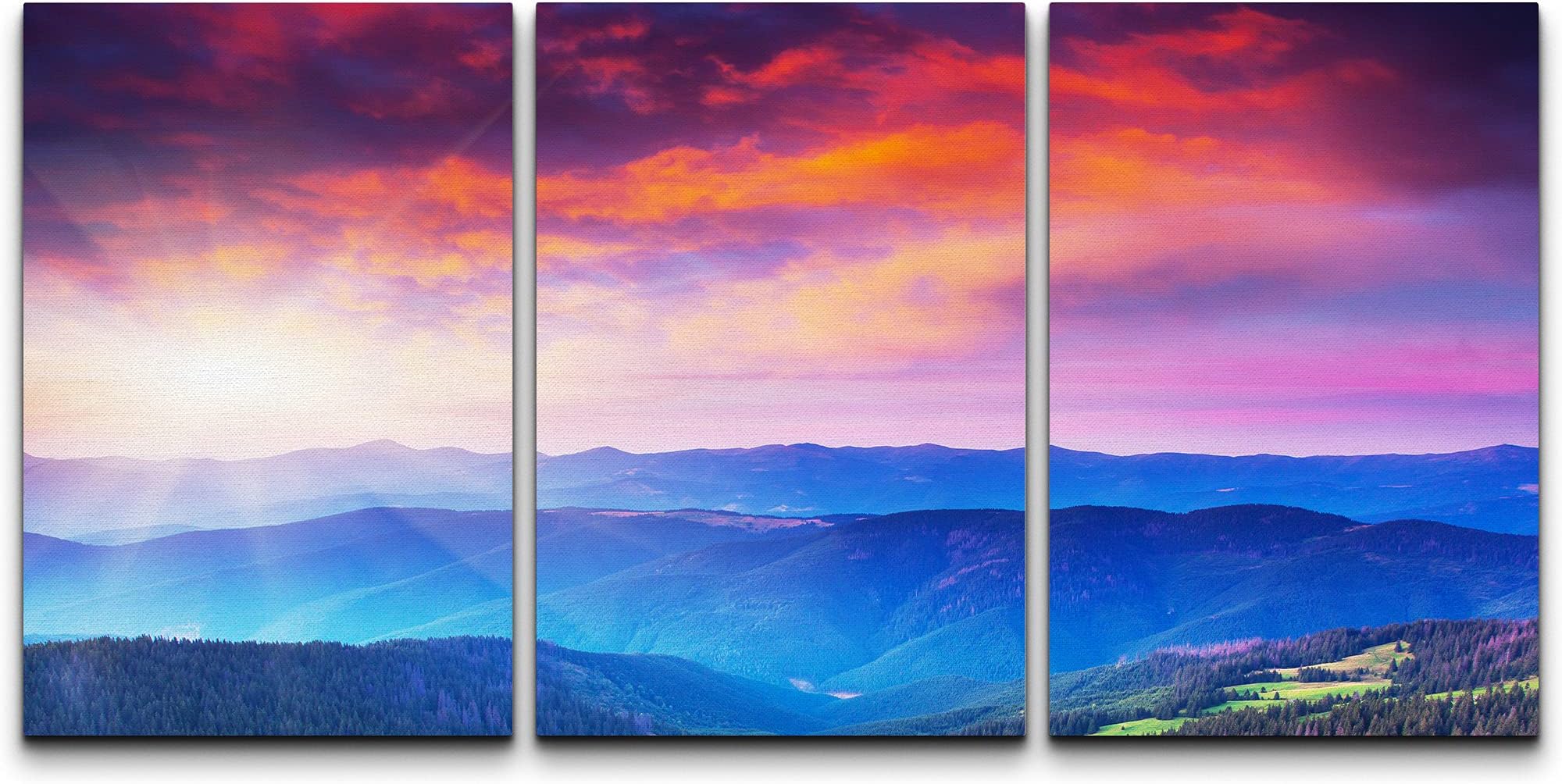 NWT Canvas Print Wall Art Set Blue Mountain Range and Red Clouds Nature Wilderness Photography Realism Southwest Scenic Relax/Calm Multicolor Ultra for Living Room, Bedroom, Office - 16"x24"x3
