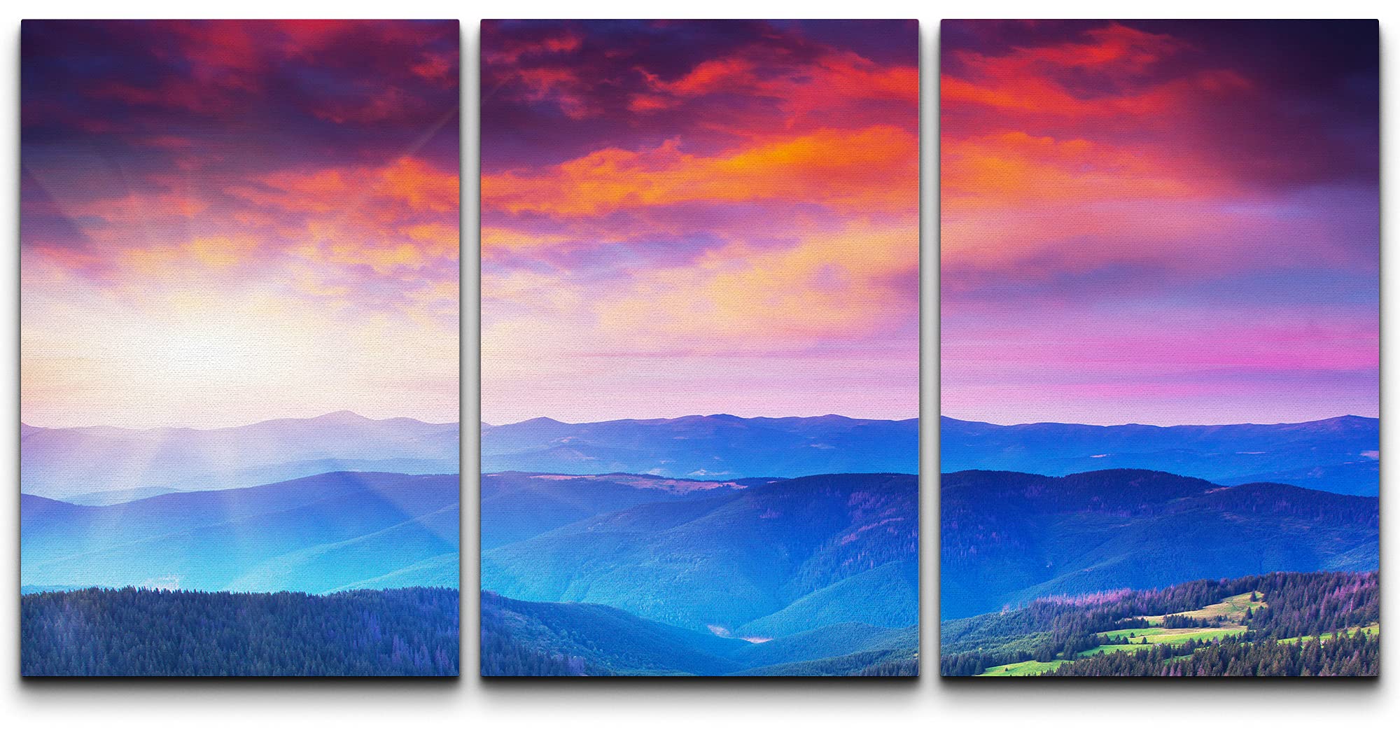 NWT Canvas Print Wall Art Set Blue Mountain Range and Red Clouds Nature Wilderness Photography Realism Southwest Scenic Relax/Calm Multicolor Ultra for Living Room, Bedroom, Office - 16"x24"x3
