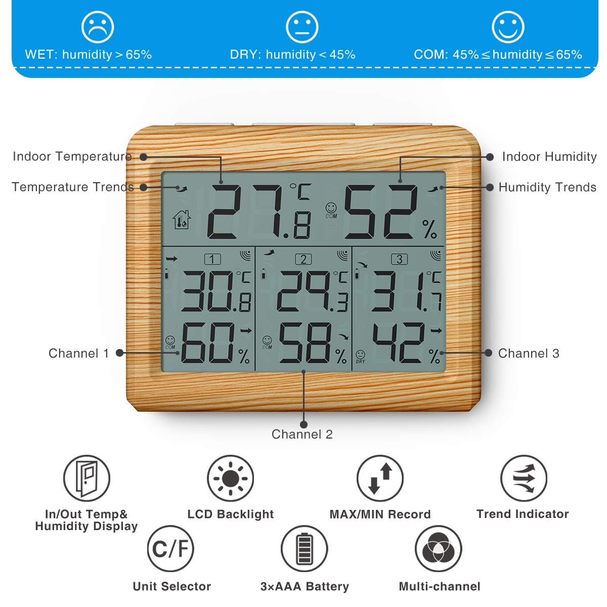 AMIR Indoor Outdoor Thermometer, 3 Channels Digital Hygrometer Thermometer with 3 Sensor, Humidity Monitor Wireless with LCD Display, Room Thermometer and Humidity Gauge for Home(Wooden Yellow)