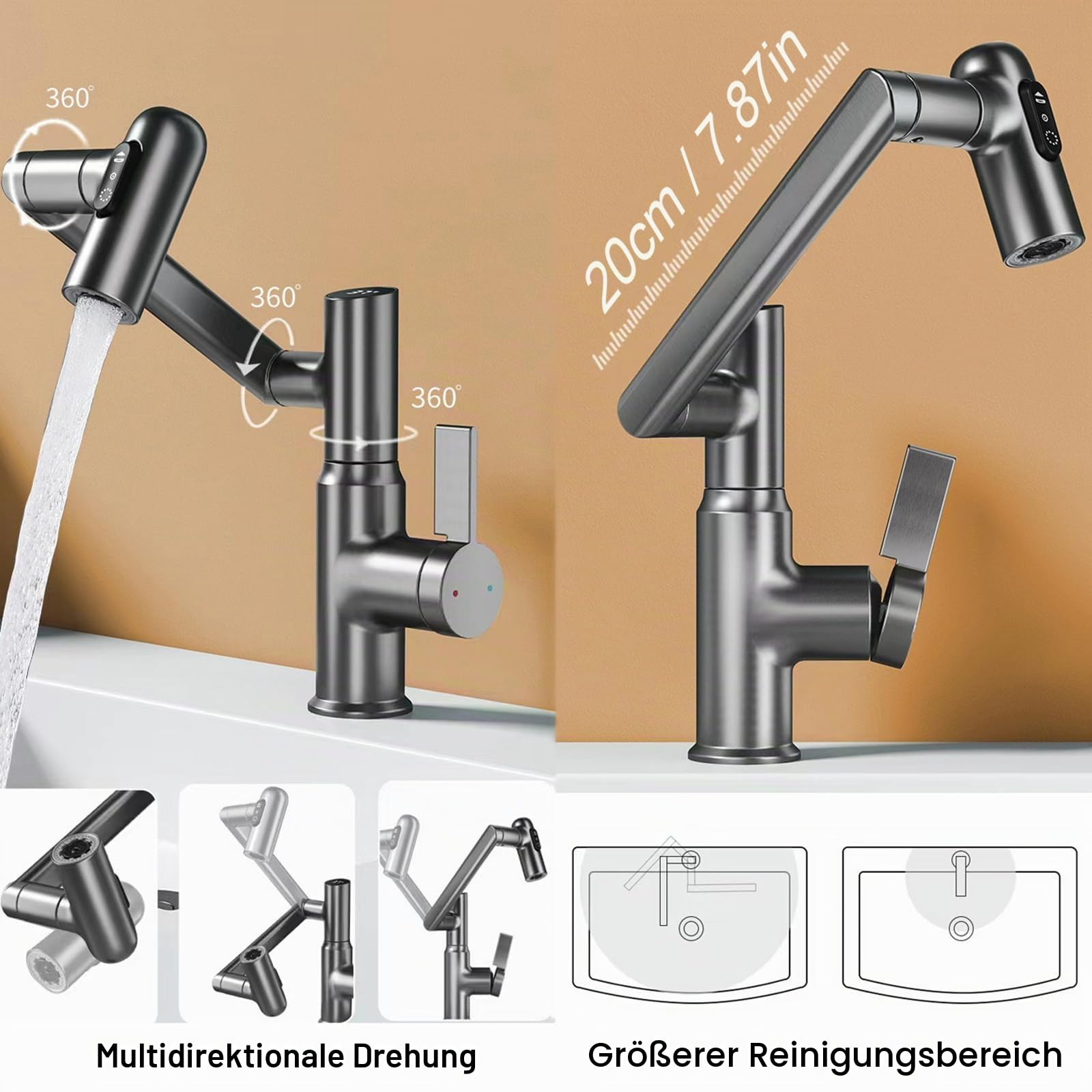 Wasserhahn, LED Temperaturanzeige, Drehbarer Multifunktionshahn, Spültischarmatur(3/8 Schnittstelle)